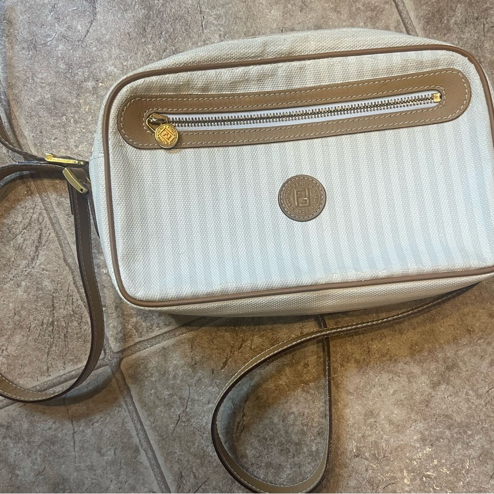 Fendi Womens Vintage (1970s) Striped Leather Trim Shoulder Bag
